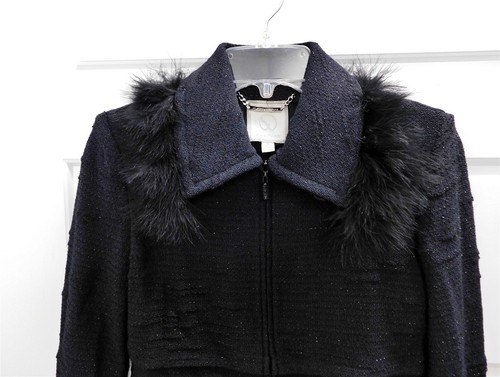St John Couture Black Sparkle Knit Fur Zip Jacket USA sz 2 - Picture 2 of 5
