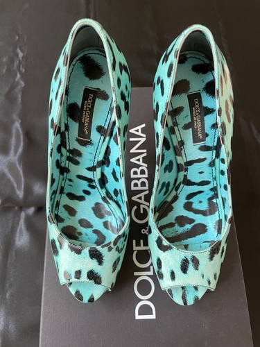 Dolce & Gabbana Greenish-Blue Leopard Print Leather Platform Peep-toe Pumps 36 - Picture 2 of 10