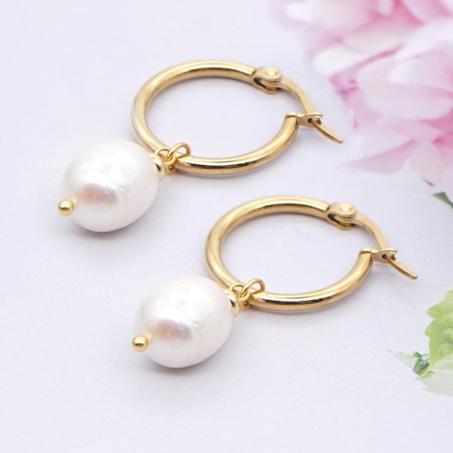 Gold Drop Pearl Earrings . White Pearl Dangle Hoop Earrings NH135 eBay