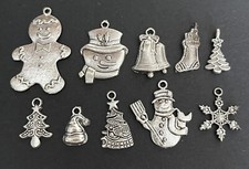 CHRISTMAS CHARMS LOT OF 10 Gingerbread Snowman Tree Bells Snowflake Silver Tone