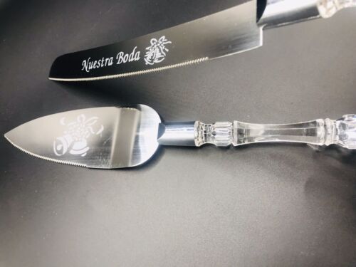 Wedding Elegant Cake Knife Server Set Faux Stainless Steel Nuestra Boda Set - Picture 2 of 6