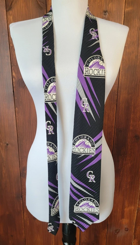 Colorado Rockies Tie 1992 Ralph Marlin 100% Silk Black Purple Silver Sport Merch - Image 3 of 4
