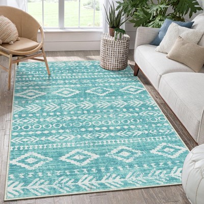 Lahome Boho Geometric Area Rugs 5x7, Ultra-Thin Teal Washable Bedroom Rugs So...