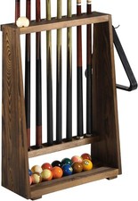 Burnt Brown Wood Freestanding Billiards Pool Cue Rack w/ Ball Storage Shelf Set