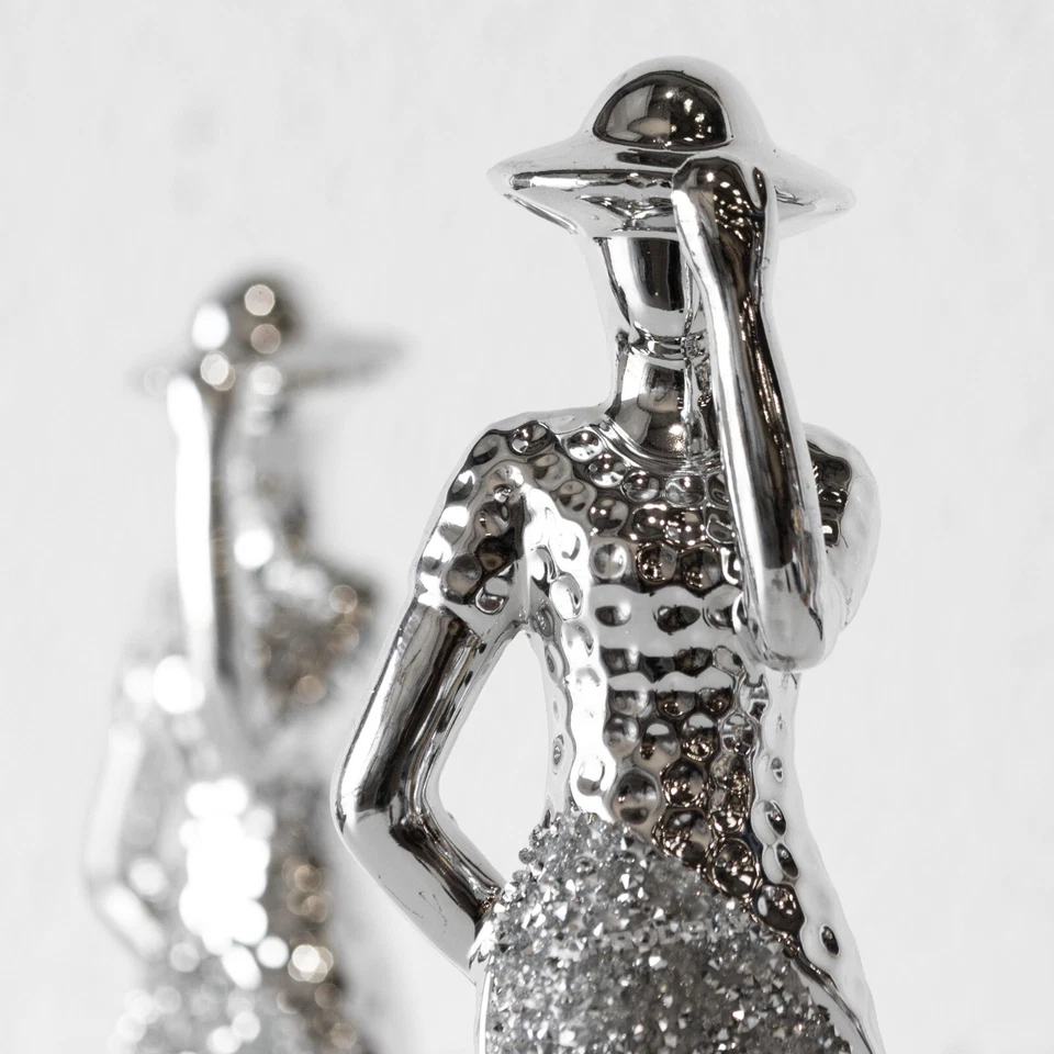 Set of 2 Elegant Lady Figure Tall 30cm Silver Ceramic Decorative Shelf Ornaments - Image 3 of 4