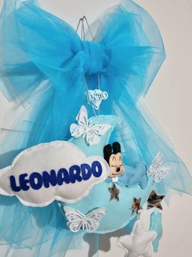 Fiocco nascita coccarda per bimbo topolino con tulle celeste luna stella nome - Foto 6 di 10