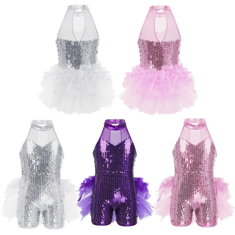 UK Girls Sequins Ballet Dance Leotard Dress Shiny Jazz Latin Stage Dancewear - Image 4 of 4