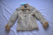 Leather Works Jacket Womens Med Light Tan Suede Coat Zip Up Patch Pattern Vtg