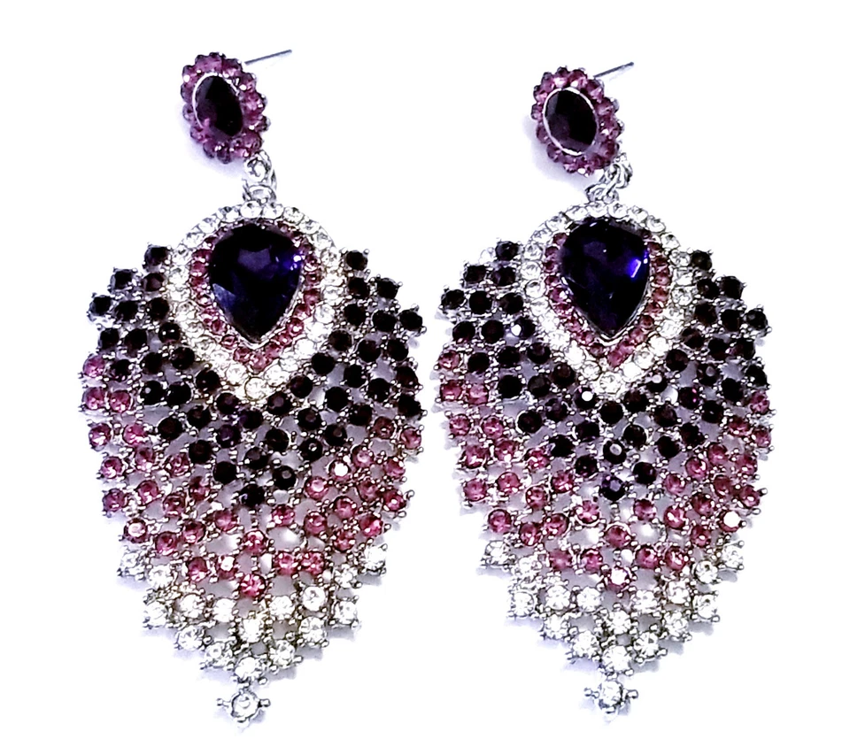 Purple Peacock Feather Chandelier Earrings Rhinestone Austrian Crystal 3.1 in - Image 2 of 4