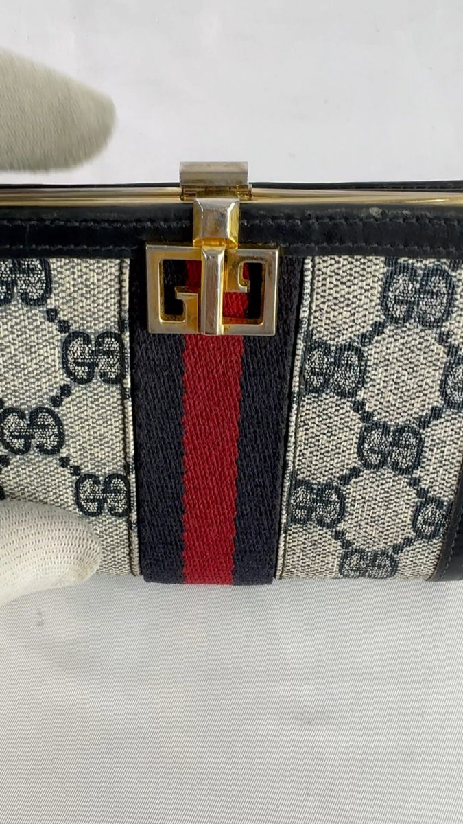 70's GUCCI Sherry Line Signature GG Navy Blue Canvas Leather