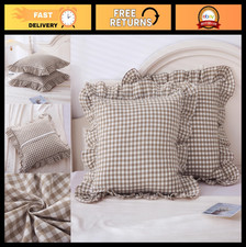 Taupe Plaid Gingham Ruffle Throw Pillow Covers 20"x20" 100 Cotton 2 Pack Vint