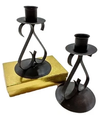 Candlestick Holders Set of 2 Vtg Wrought Iron Style Black Metal About 6" Tall