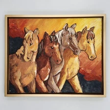 Original Oil Painting Horses Running Sunset Modern Expressionist Art Equestrian 