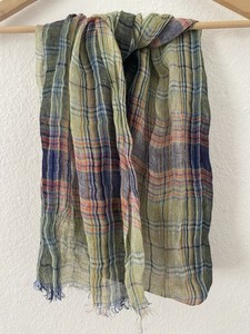 Alfredo Pria Biella Green Plaid Linen Scarf Rectangle 15x72 Lightweight Italy
