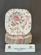 9 Johnson Brothers ROSE CHINTZ PINK 7 ¼” Square Salad Plates 1883 Stamp: EUC