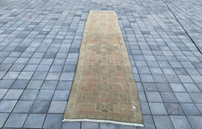 3x15 Faded Red Runner Rug, Handmade Turkish Rug, Extra Long Hallway, 3.0x14.5 Ft