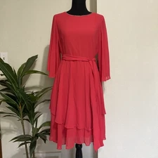 Marina Flutter Sleeve Cascade Ruffle Dress Sz 4 Rhinestone Neck Cherry Red NEW