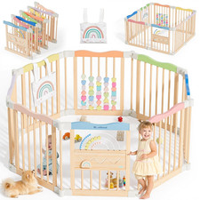 Adjustable Foldable Wooden Baby Playpen - Safe Indoor Play Yard, Pastel Dream