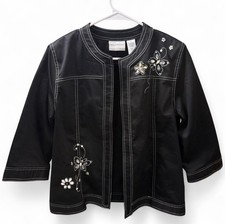 Alfred Dunner Petite 14P Black Open Front Jacket - 3/4 Sleeve Floral Embellished