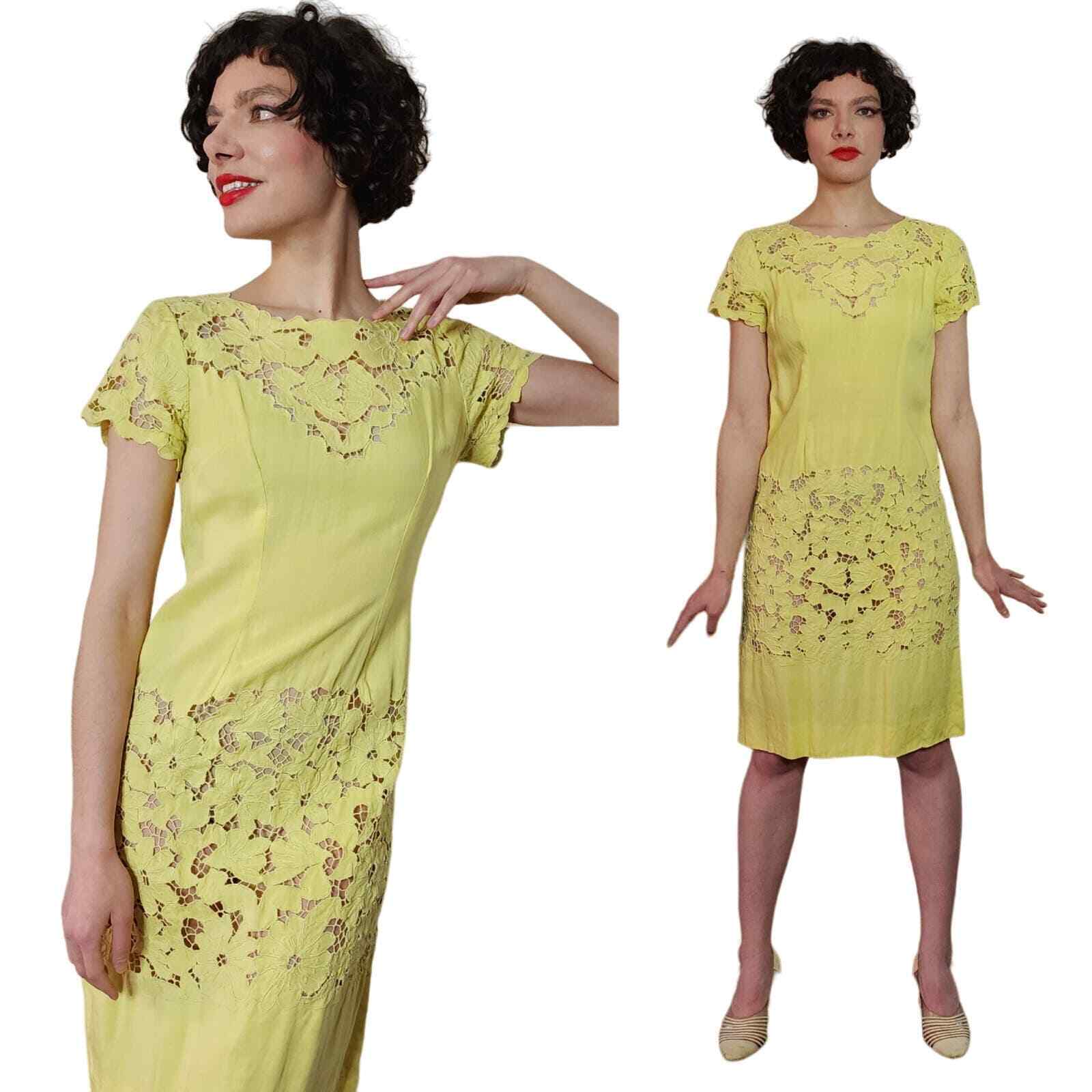 Vintage 60s Yellow Summer Dress Cut Lace 20s Style - image 1