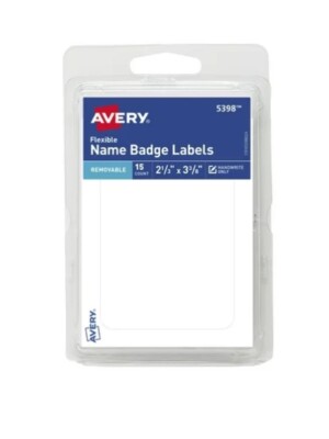 Avery Handwrite Only Name Badge Labels, 2-1/3  X 3-3/8 , Pack of 15, #5398