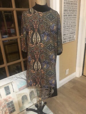 ZARA BASIC. DRESS W/mock neckline In  Earth Colors/Paisley PRINT/SIZE Med