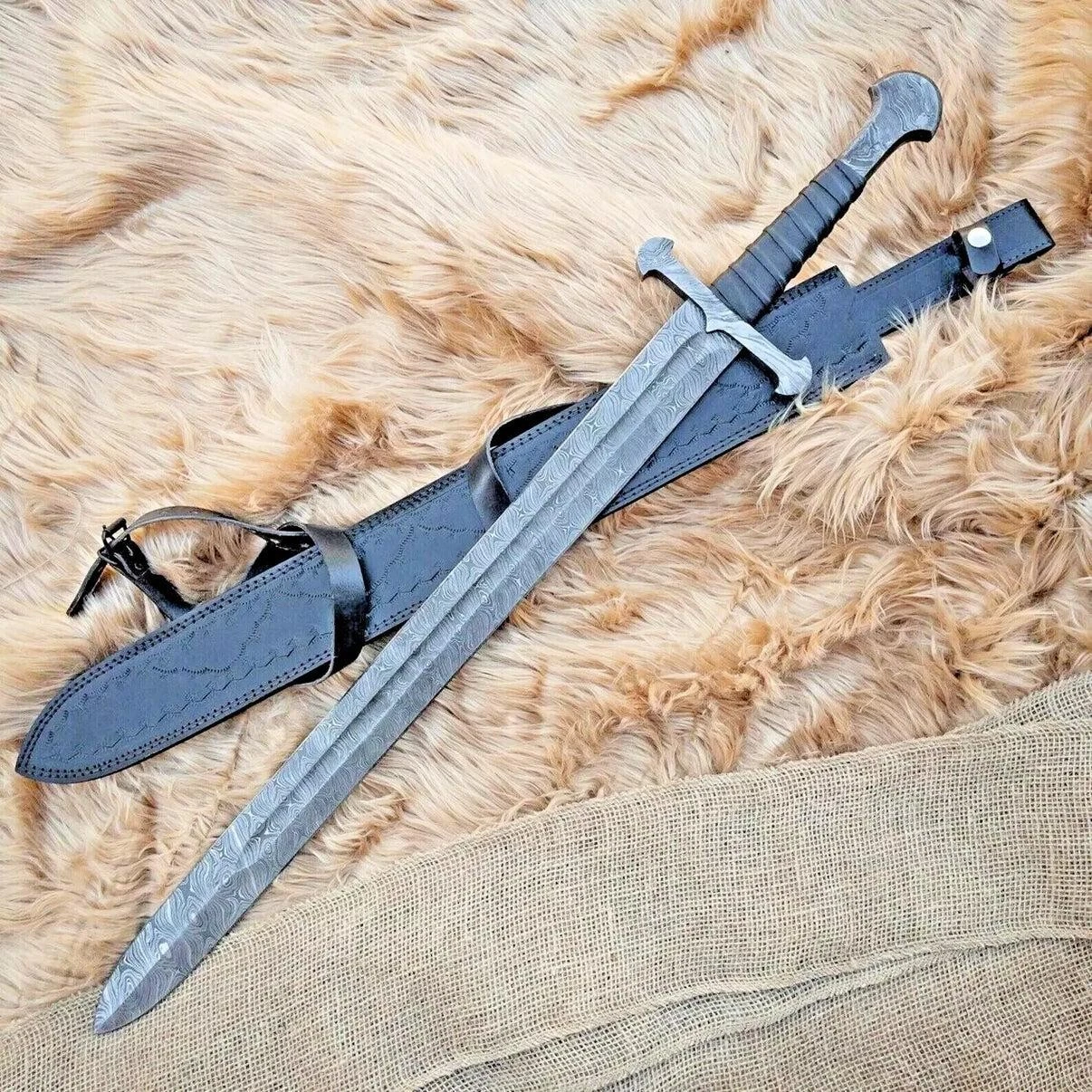 ASS Custom Handmade Damascus Steel Full Tang Viking Tactical Sword With Sheath
