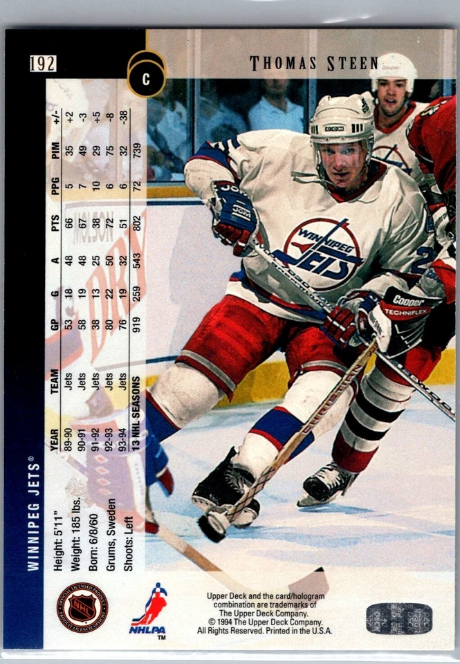 1994-95 Upper Deck - #192 Thomas Steen - Image 2 of 2