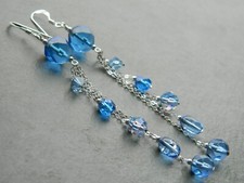 Vintage & Deco Blue Glass Crystal, 925 Silver ~ Alex Polizzi Style Long Earrings