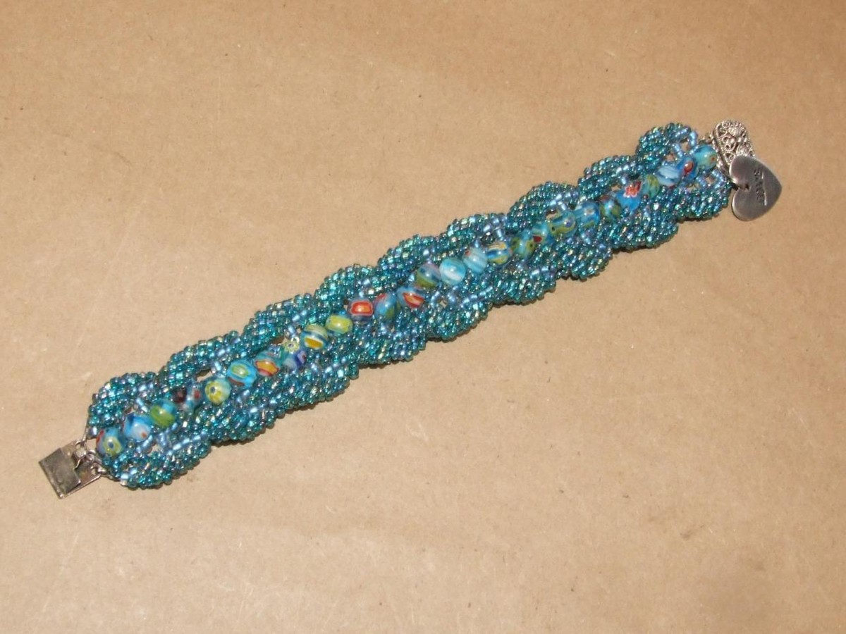 VTG 80s Braided Blue Iridescent Glass Seed Bead & Millefiori Ball