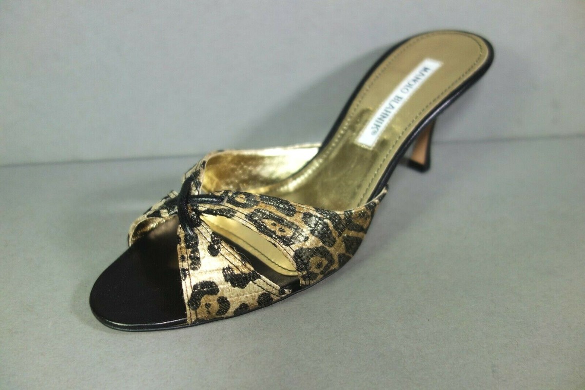 ☆ Manolo 37.5 Tailo Black Gold Leather Leopard Mules Slide