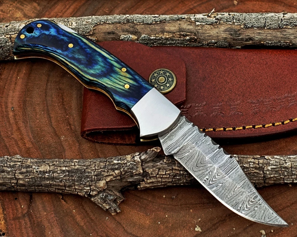 Cuchillo de bolsillo plegable con bloqueo trasero hecho a mano Damasco camping caza cuchillo bolsa Foto 4 de 4