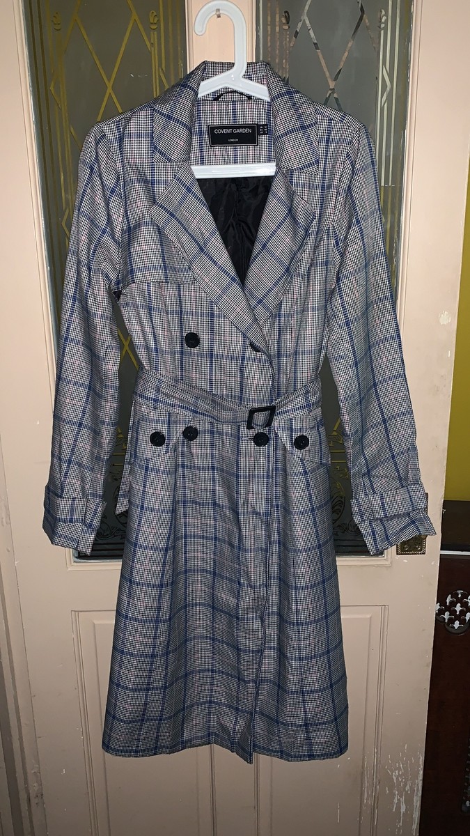 Covent Garden London Double Breasted Grey Chequered Trench Jacket Size UK  12 VGC