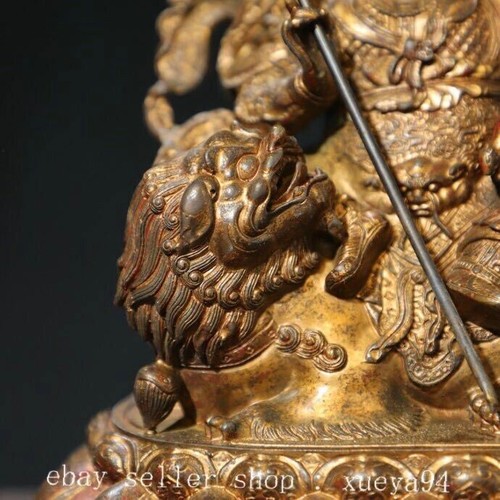 8.2" Old Tibet Bronze Gilt Vaishravana On Lion Protector Deity Buddha Statue - Picture 3 of 9