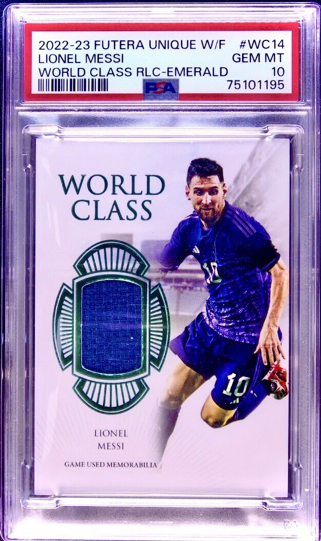 2022 Futera Unique Lionel Messi World Class GU Jersey Emerald 1/15 = 1/1 PSA 10
