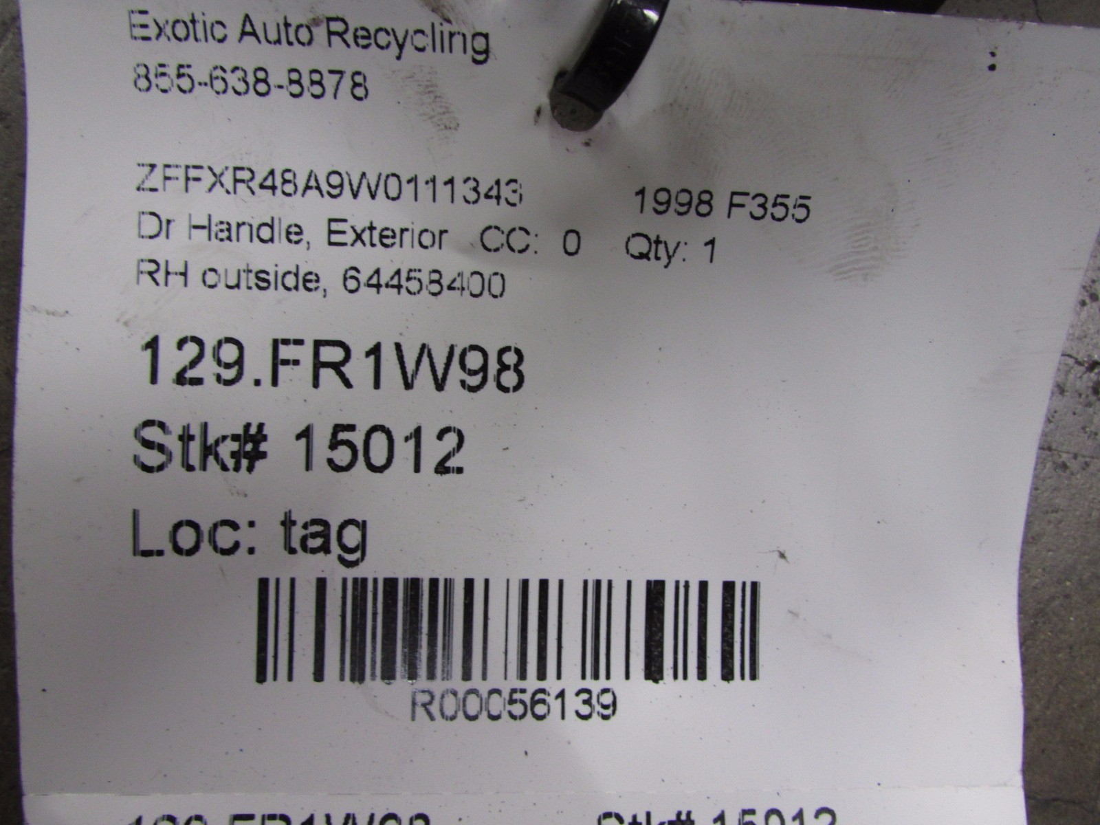 Ferrari F355, RH, Right Outside Door Handle, Used, P/N 64458400