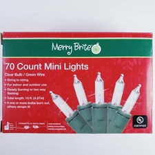 Merry Brite 70 Mini Lights Christmas Tree Clear Bulb Green Wire Patio Weddings
