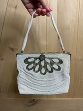 Vintage 1950s Beaded Evening Bag Ivory Pearl Japan Clutch Purse Floral Metal
