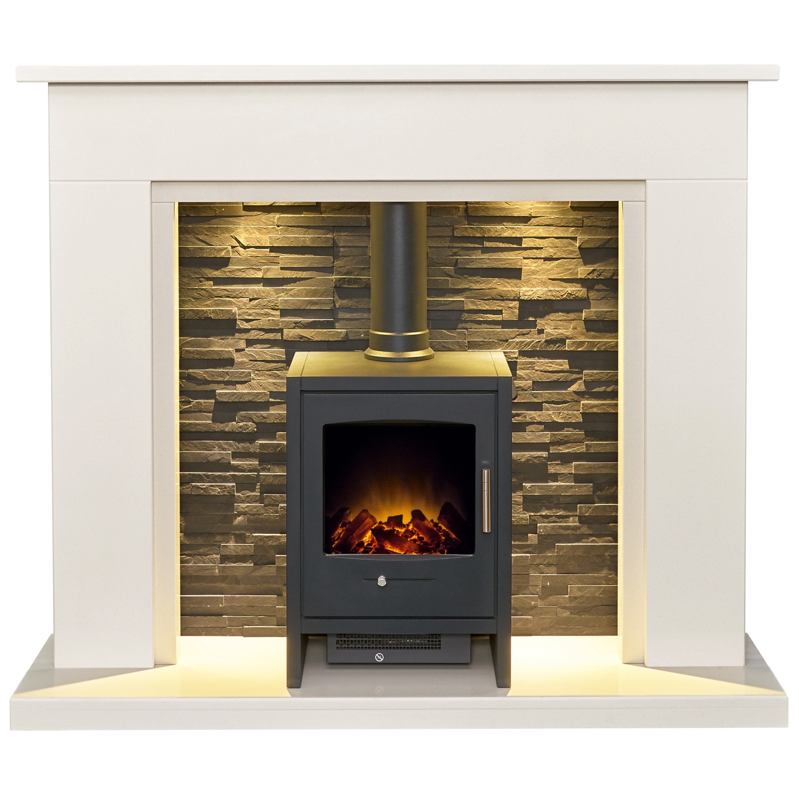 Acantha Miramar White Marble Stove Fireplace with Downlights & Bergen Electri...