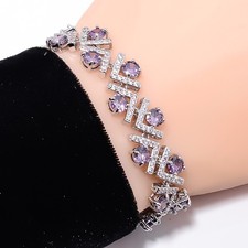 Purple Amethyst, CZ 925 Sterling Silver Adjustable Bracelet 7-8