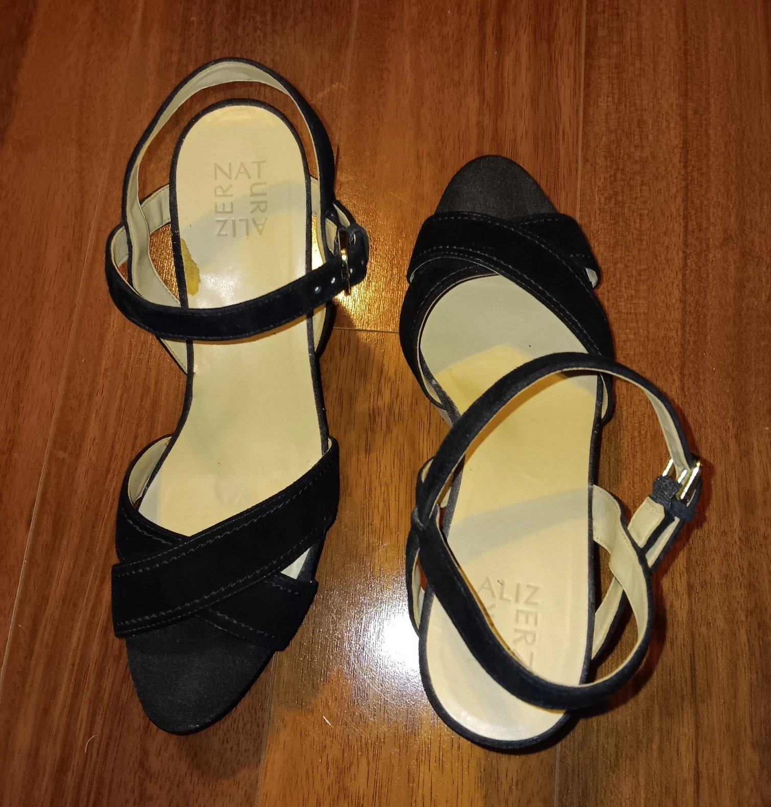 Naturalizer Women's Black Leather Ankle Strap Buckle Wedge Sandals Size 11