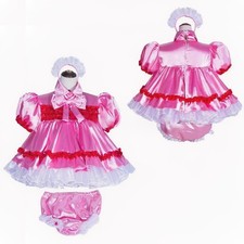 adult Maid Girl Sissy Lockable Pink satin Dress cosplay costumes CD/TV Tailored