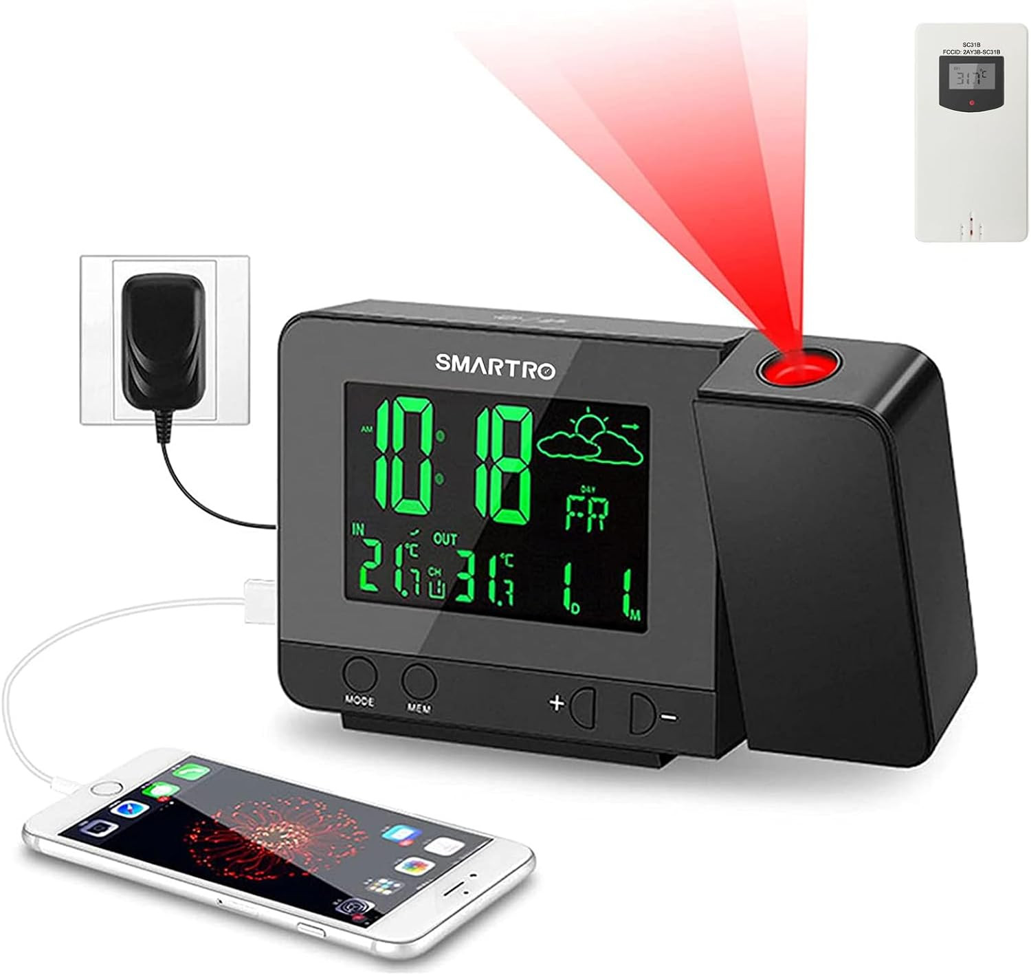SC 31 B Digital Projection Alarm Clock with Weather Station, Indoor Outdoor Thermo image