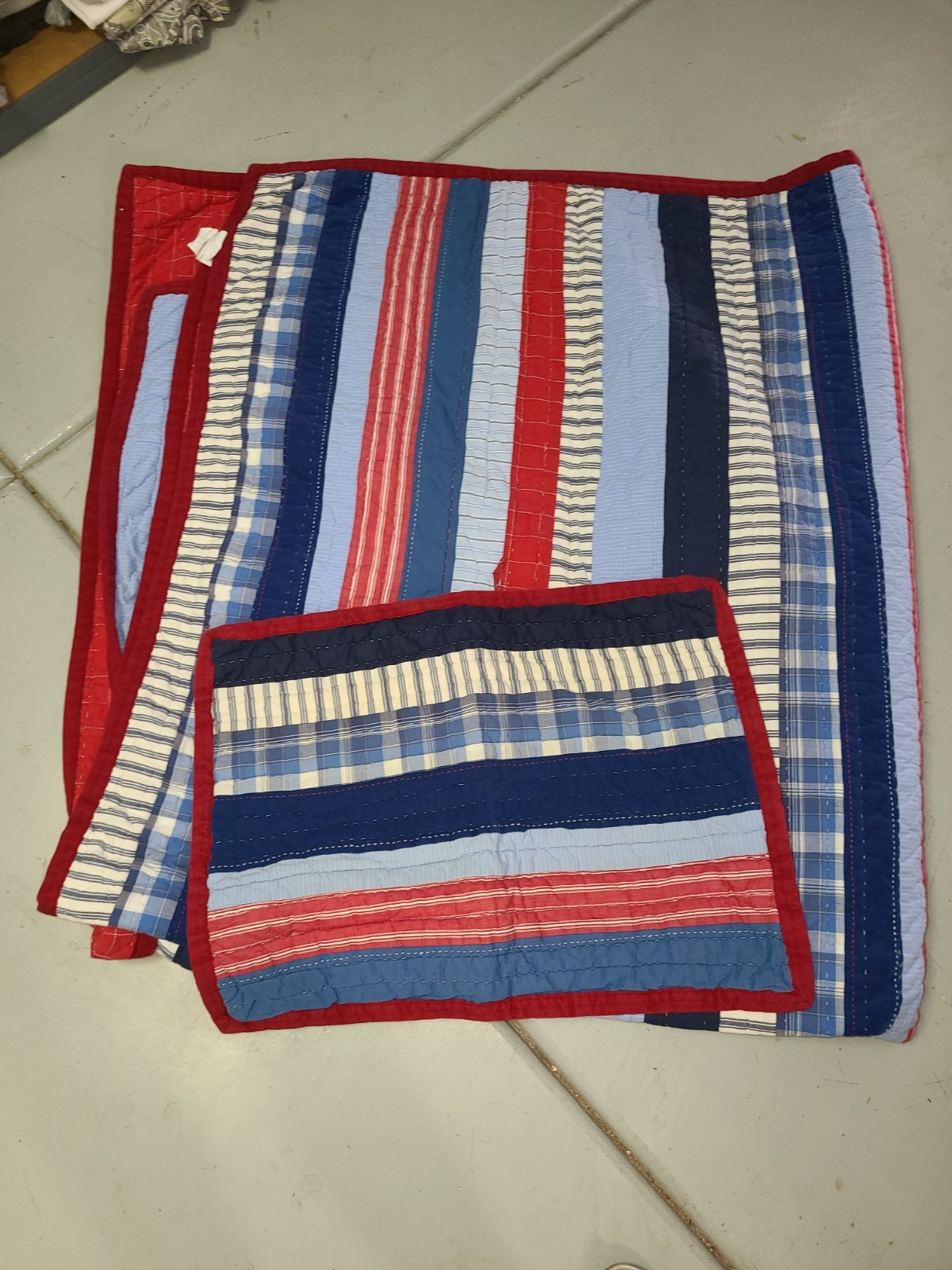 Pottery Barn Kids "Blue Red Stripes" Twin Quilt & Sham