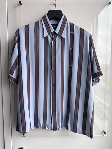 Fendi Blue Striped Short Sleeve Shirt With Logo Size 41 Large