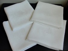 4 Large Vintage White Linen Damask Cloth Napkins 28”x26” ML Monogram