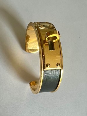 HERMES Kelly Cuff Bracelet Bangle Black Leather GHW Pre-Owned