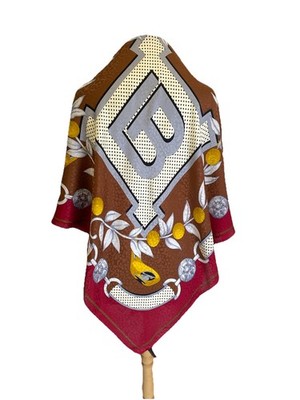 H79#Laura Biagiotti Silk Scarf Brown Red Floral Baroque Print Italy Made Vintage
