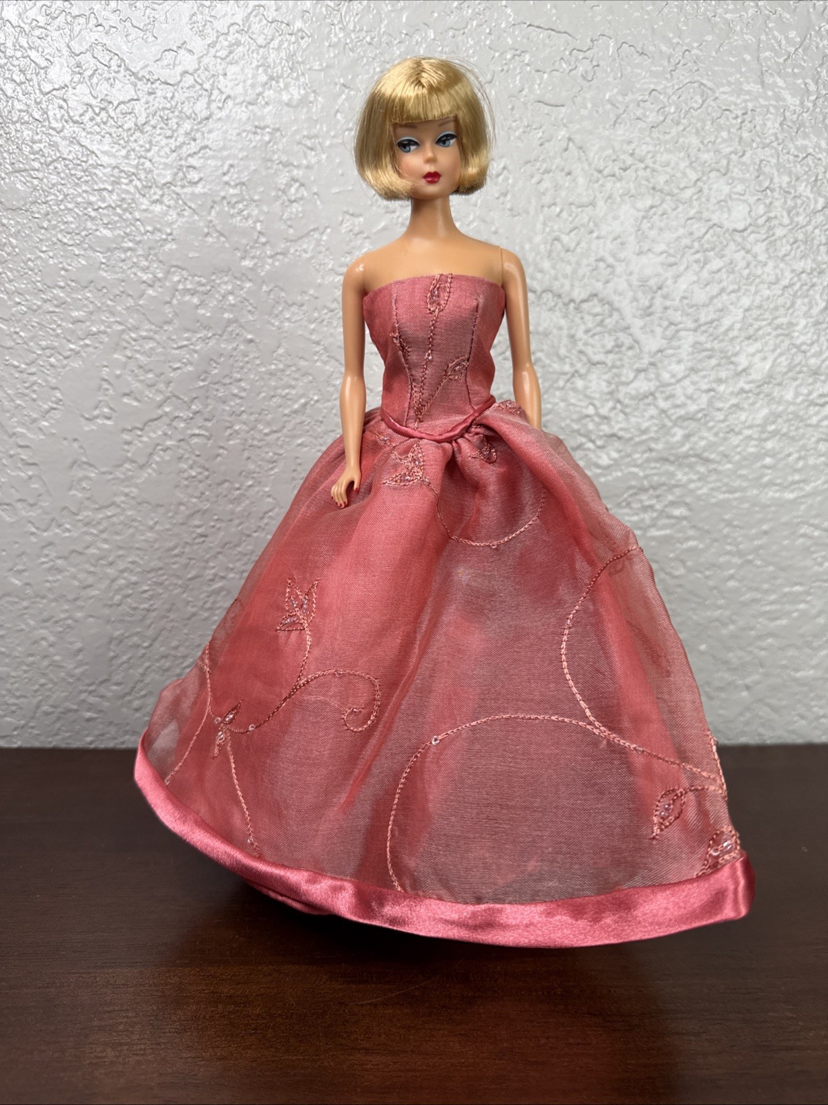 Made For Fashion Dolls And Barbie Coral Dress With Pattern And Beading Swirls