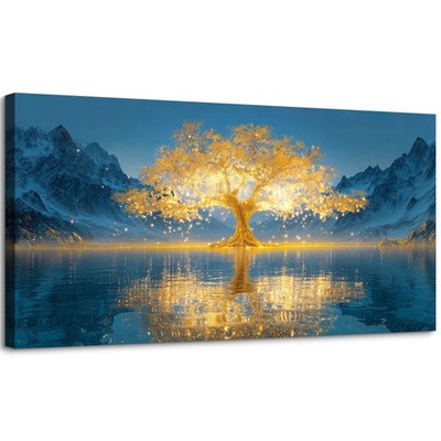 SLYCAY Large Golden Tree of Life Canvas Wall Art Prints, Nature Snow Mountain...